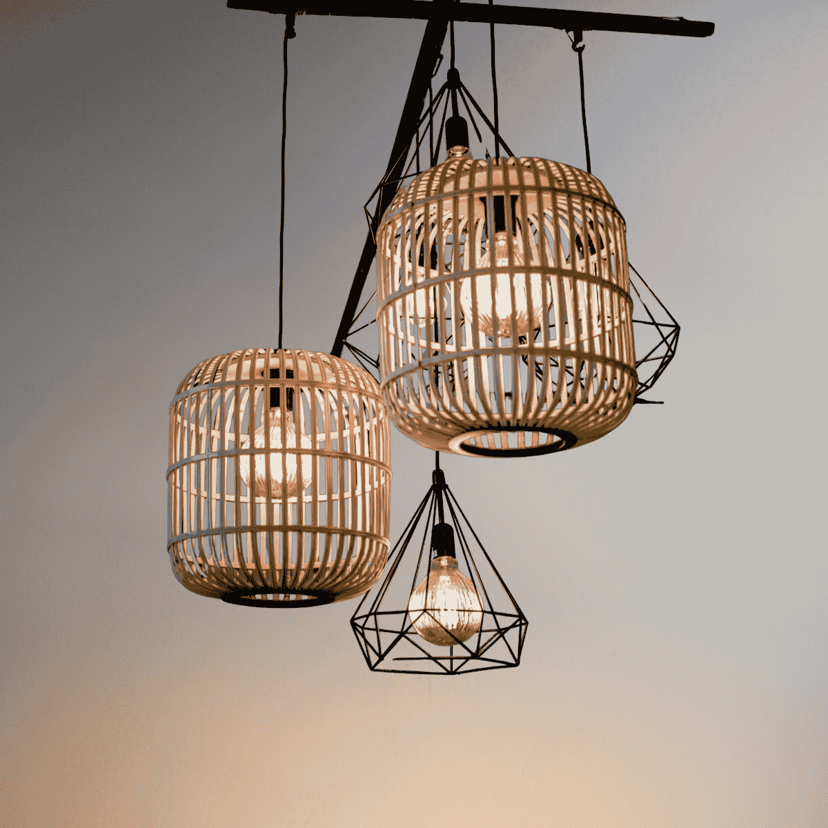 Geometric Woven Rattan Pendant Light Set