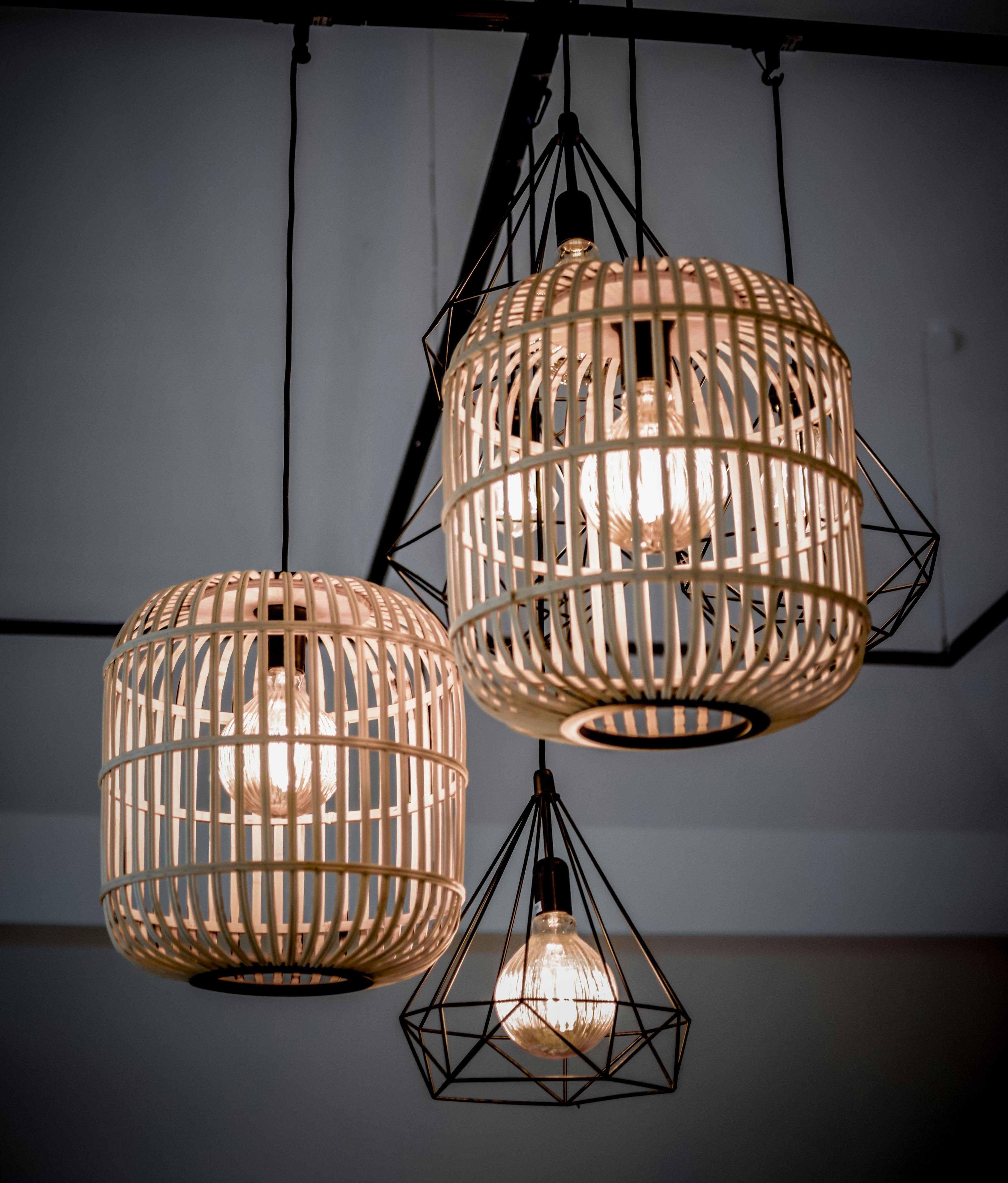 Geometric Woven Rattan Pendant Light Set