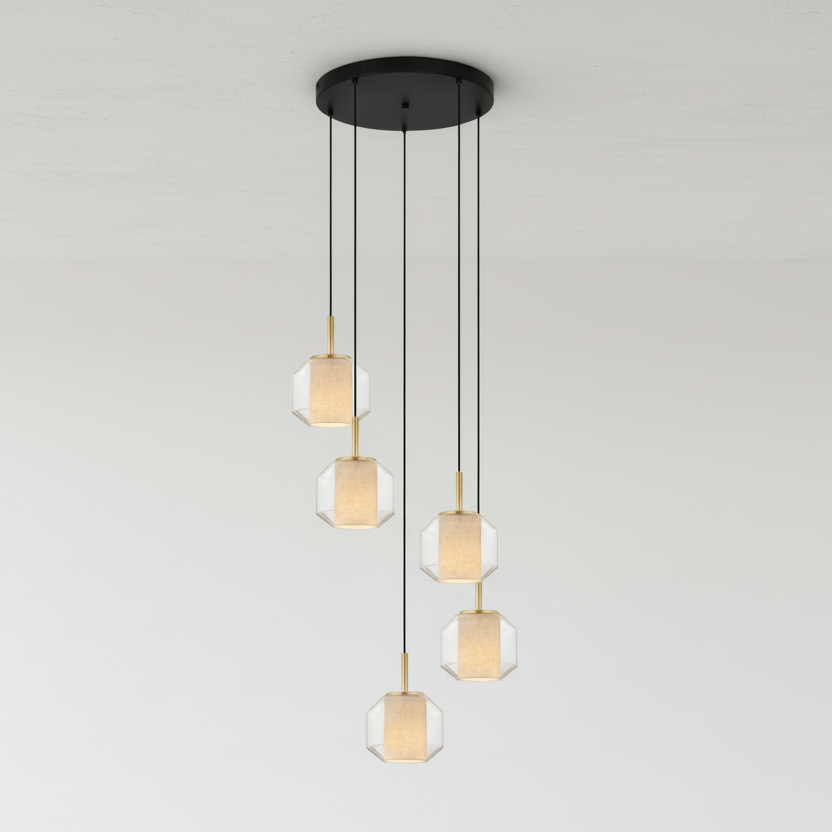 SOLIX Pendelleuchte, Ø 73.5 cm, Mattschwarz/gold, Metall, Glas