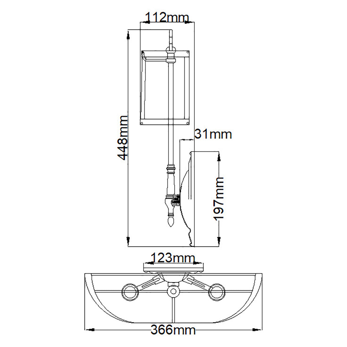 Hinkley Cambridge Wandleuchte Messing – Massskizze