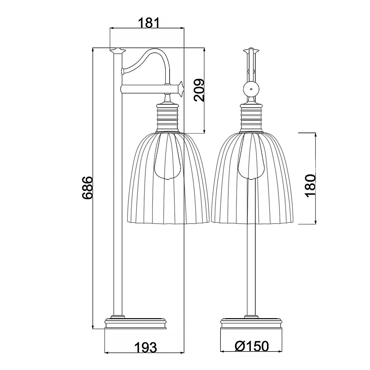 Elstead Douille Tischlampe Messing – Massskizze