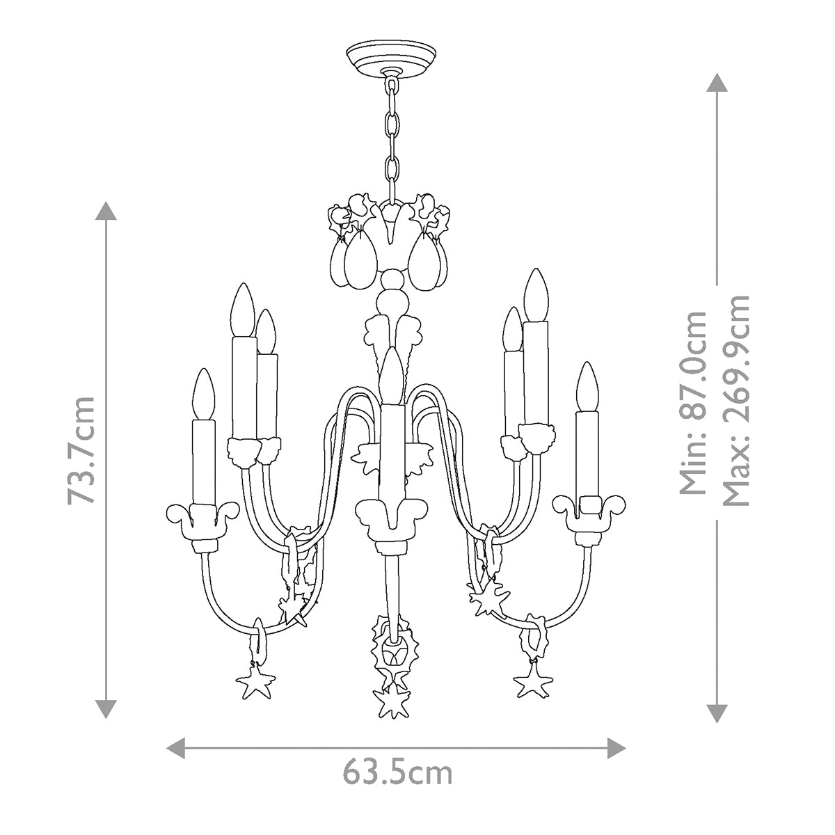 Flambeau Mignon Kronleuchter Gold, Silber – Massskizze