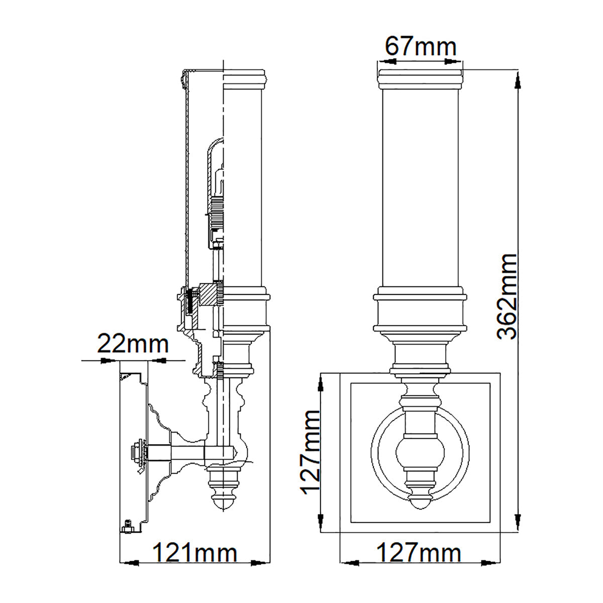 Feiss Payne Wandleuchte Chrom – Massskizze