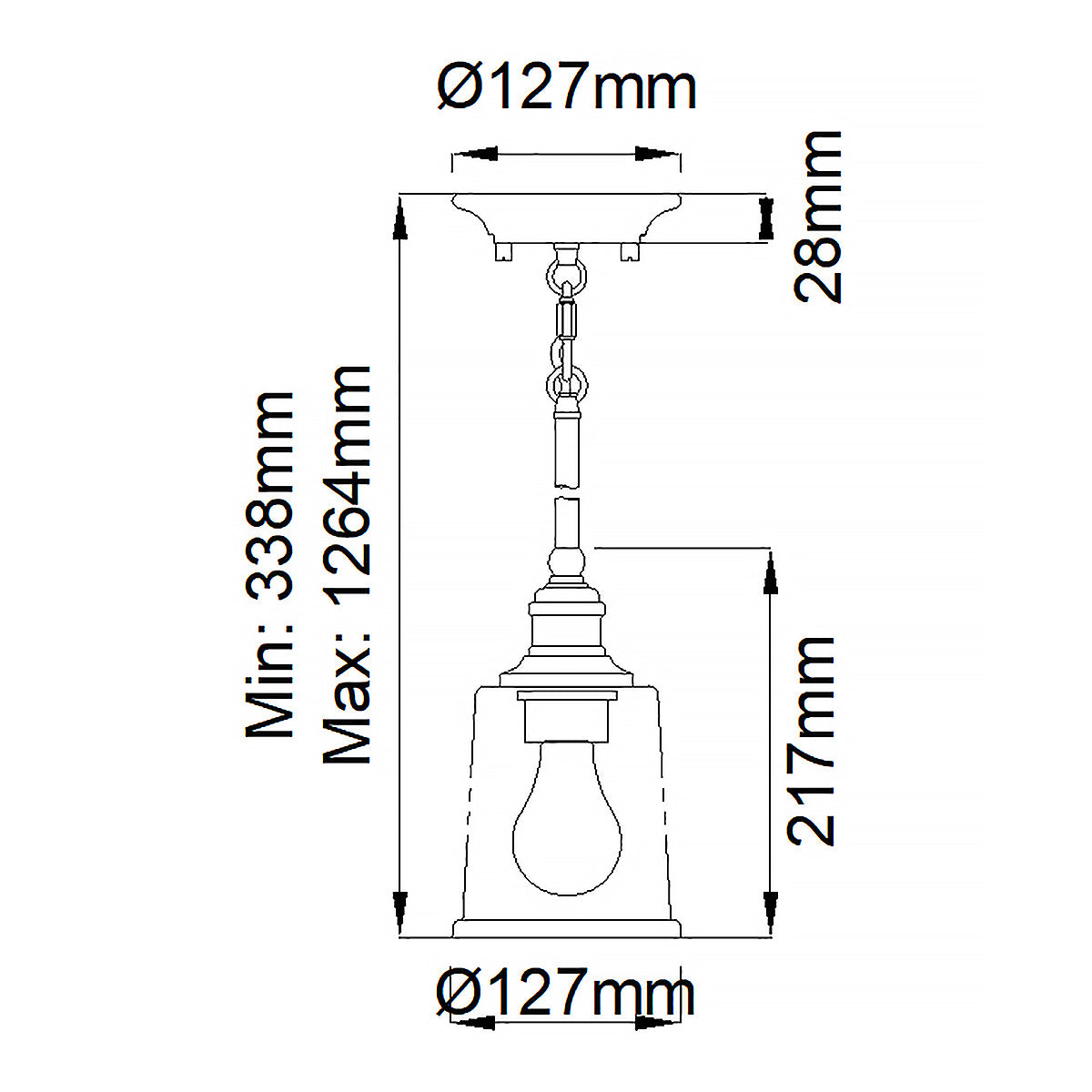 Kichler Waverly Pendelleuchte Zinn – Massskizze
