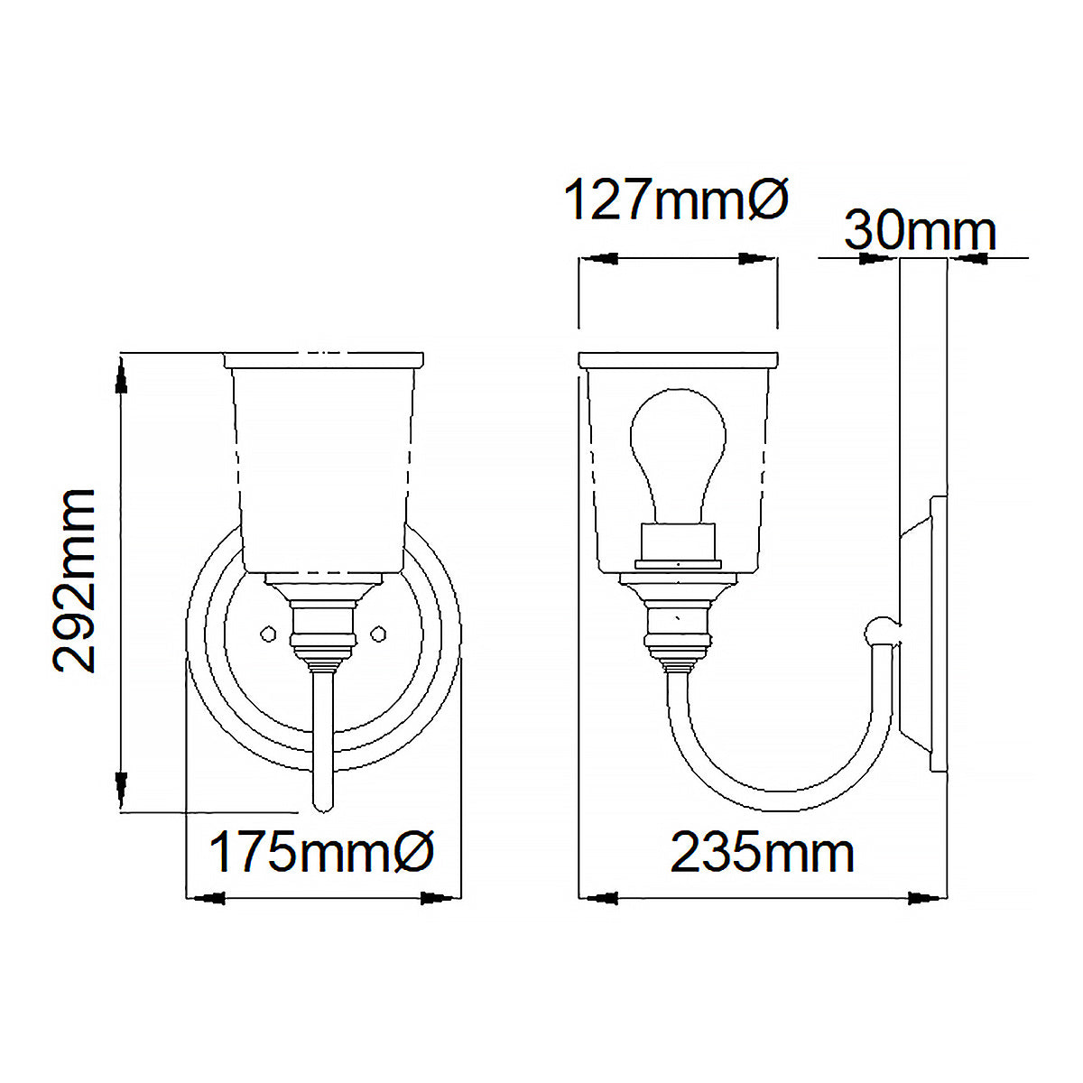 Kichler Waverly Wandleuchte Zinn – Massskizze