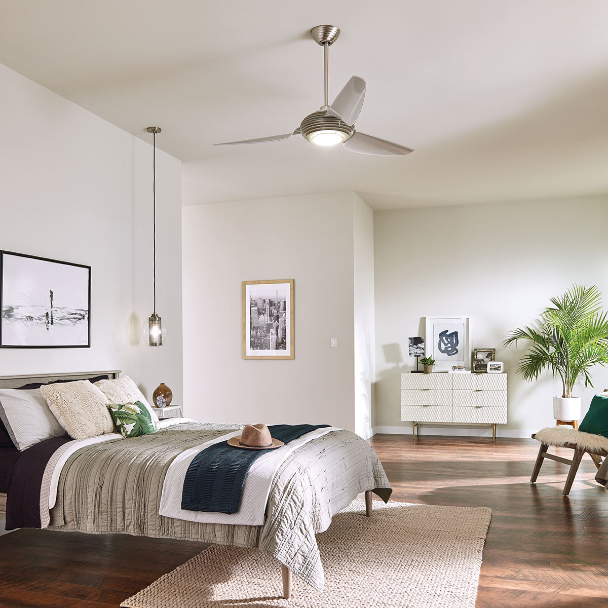 Deckenventilator 'Voya', Ø 15.2 cm, Gebürsteter Edelstahl – Dimmbar