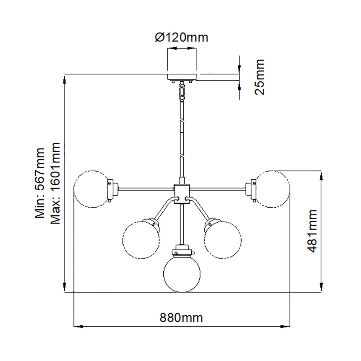 Elstead Kula Kronleuchter Nickel – Massskizze