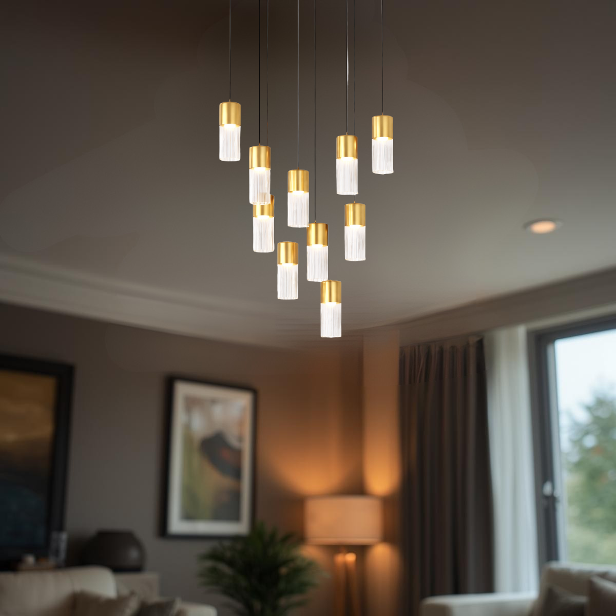 IGGLY Pendelleuchte, Ø 45 cm, Mattschwarz/gold, Metall, Glas (Dimmbar, mit Fernbedienung)